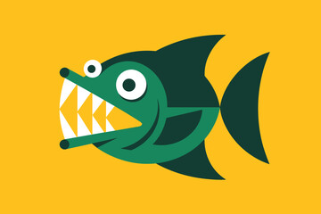 Playful Cartoon Fish with Sharp Teeth and Bright Yellow Background for Fun and Whimsical Design