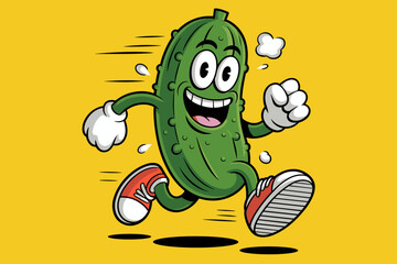 Cheerful Cartoon Pickle Running Joyfully on Bright Yellow Background