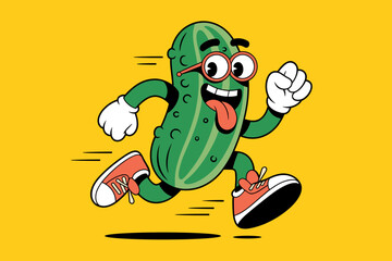 Energetic Cartoon Cucumber Character Running Playfully with Sneakers on Bright Yellow Background