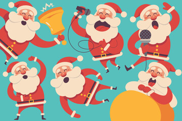 Cheerful Santa Claus in Various Festive Poses Celebrating with Music and Joyful Expressions Against a Bright Turquoise Background