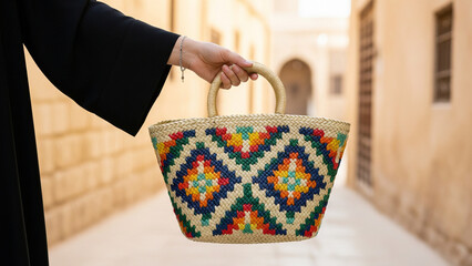 Saudi palm woven handbag with colorful geometric pattern held by woman in traditional alley