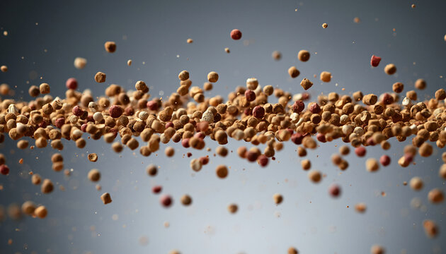 Macro photograph of countless brown and red granules frozen in mid-air, creating a dynamic, abstract cloud.