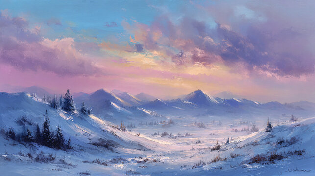 Christmas snowy hills under pastel sunrise 
