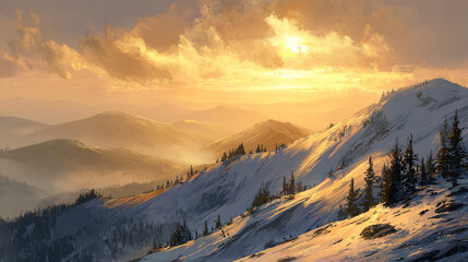 Christmas snowy hills under golden sunset 