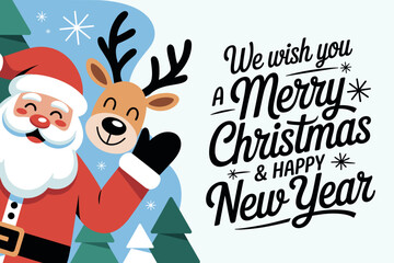 Joyful Holiday Greeting Card Design Featuring Santa Claus and Cheerful Reindeer with Festive Green Trees