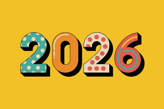 Colorful and Playful 2026 New Year Celebration Design with Bright Yellow Background