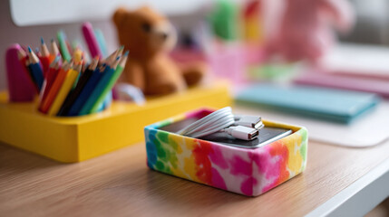 Colorful still life featuring tech devices and art supplies. Represents creative spaces, childhood, education, design, and modern lifestyle. Bright, cheerful, and inspiring.