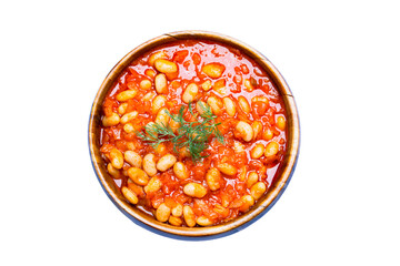 Baked bean dish in wooden bowl on white background. 