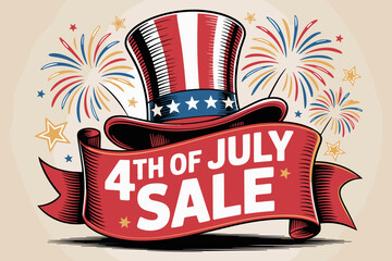 Festive 4th of July Sale Announcement with Patriotic Top Hat and Colorful Fireworks