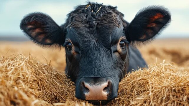 Black cow resting in hay at a rural farm during a cloudy afternoon