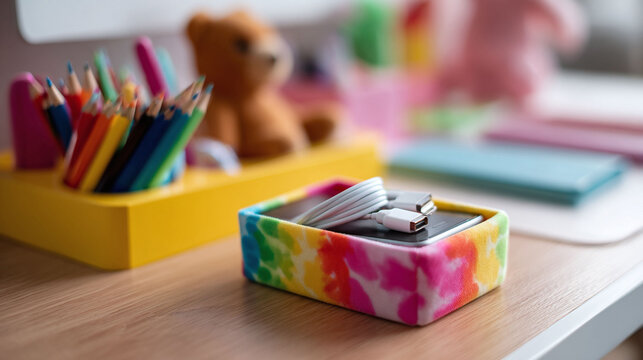 Colorful still life featuring tech devices and art supplies. Represents creative spaces, childhood, education, design, and modern lifestyle. Bright, cheerful, and inspiring.