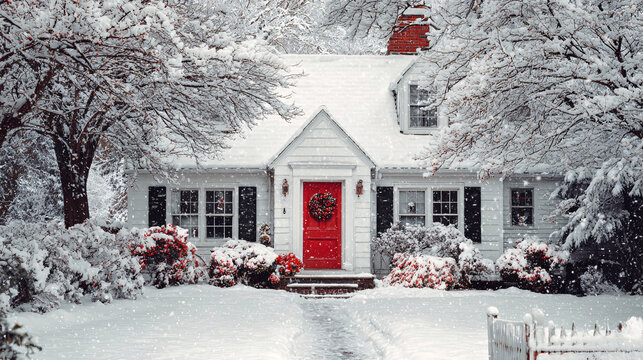 Christmas snowy house with red door and wreath 