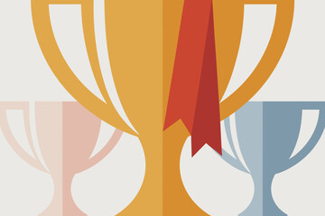 Stylized Award Trophies with Red Ribbon, Celebrating Achievement in Bright Color Palette