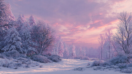 Christmas snowy meadow under pastel sunrise
