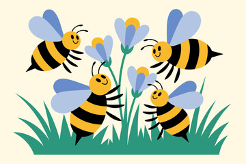 Playful Cartoon Bees Collecting Nectar from Colorful Flowers in Sunny Meadow