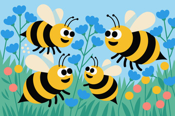 Playful Cartoon Bees Gathering Among Colorful Wildflowers in a Sunny Meadow