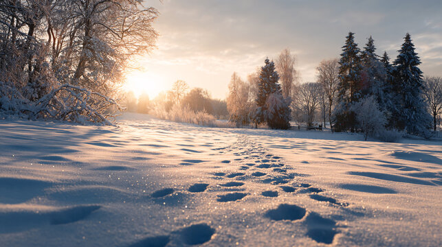 Christmas snowy meadow with footprints and soft light