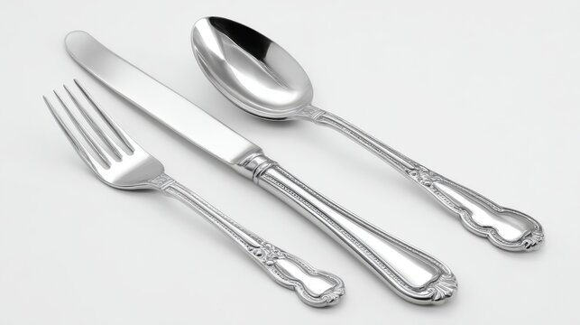 A silver fork, knife, and spoon are displayed on a white background. The silverware is elegant and well-crafted, giving off a sense of sophistication and luxury. Concept of fine dining
