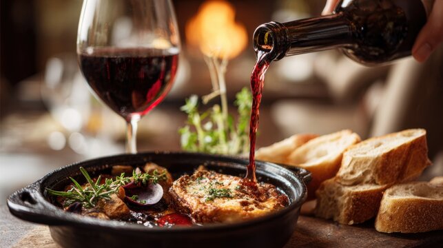 A person is pouring wine into a wine glass, which is placed on a dining table. The wine glass is next to a wine bottle, and there is a plate of food on the table