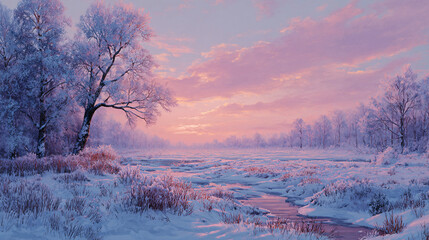 Christmas snowy meadow under pastel sunrise