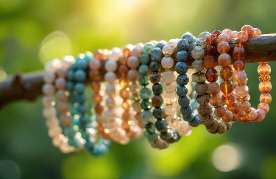 Close up photo of colorful gemstone bracelets hanging on wooden branch. The bracelets feature various stone beads against a blurred green background. Sunlight shines on the natural gems.