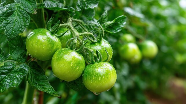Fresh green tomatoes on vine with water droplets in garden