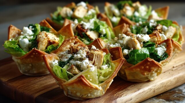 Caesar Salad Wonton Cups. Delicious spinach and feta chicken cups on wooden board - Powered by Adobe