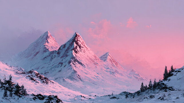 Christmas snowy mountains under pink twilight sky - Powered by Adobe