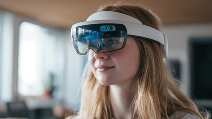 A woman wearing a virtual reality headset. She is smiling and looking at the camera. Concept of excitement and anticipation for the virtual reality experience