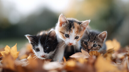 Three adorable kittens peek out from autumn leaves. Soft, warm light and shallow depth of field evoke a sense of innocence and playful curiosity. Ideal for petthemed designs.