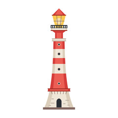 Sea detailed lighthouse icon isolated on white - vector. Beacon tower with searchlight lamp isolated icon. Vector nautical striped tower, navigation symbol, seafarer beacon.