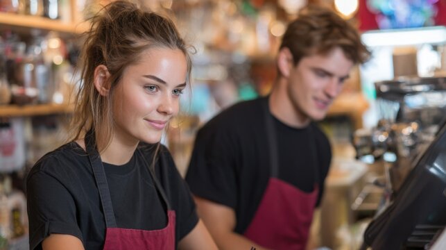 Two people working at a coffee shop. One is a woman with a ponytail and the other is a man with a red apron