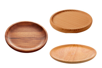 PNG image of Three wooden plates showcase natural wood grain and craftsmanship perfect for serving food or displaying decorative items in a rustic kitchen  with a clean on transparent background
