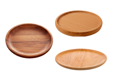 PNG image of Three wooden plates showcase natural wood grain and craftsmanship perfect for serving food or displaying decorative items in a rustic kitchen  with a clean on transparent background