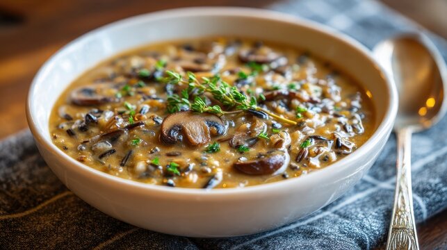Instant Pot Mushroom Wild Rice Soup. Creamy mushroom soup with wild rice and fresh herbs in white bowl