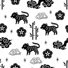 Chinese traditional oriental ornament background, Zodiac signs tiger pattern seamless. Japanese, Chinese elements. Asian texture for printing, packaging, textiles, fabric, washi paper, scrapbooking