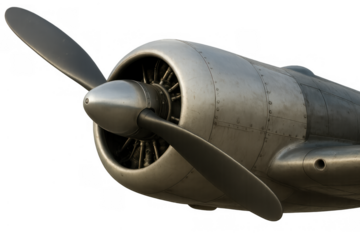 Vintage aircraft propeller and radial engine from a classic airplane, featuring detailed metal casing on transparent background