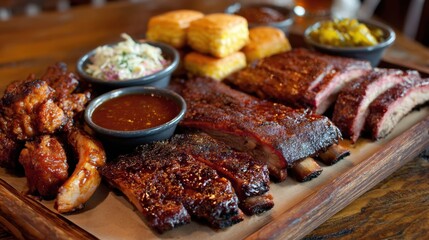 Delicious barbecue feast with ribs, wings, biscuits, and coleslaw on wooden table