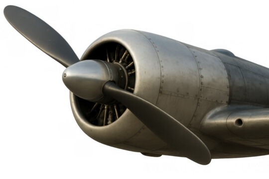 Vintage aircraft propeller and radial engine from a classic airplane, featuring detailed metal casing on transparent background