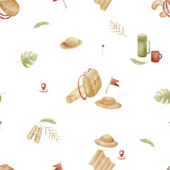 Pattern featuring hiking backpack hat map leaves travel essentials. Watercolor illustration, hand-drawn childish style. Seamless print isolated from background for textiles fabrics clothing wallpaper