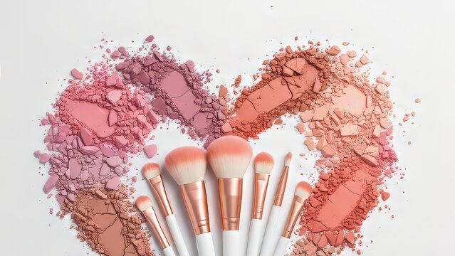 Cosmetic flat lay with crushed blush powders forming a heart with makeup brushes on white background