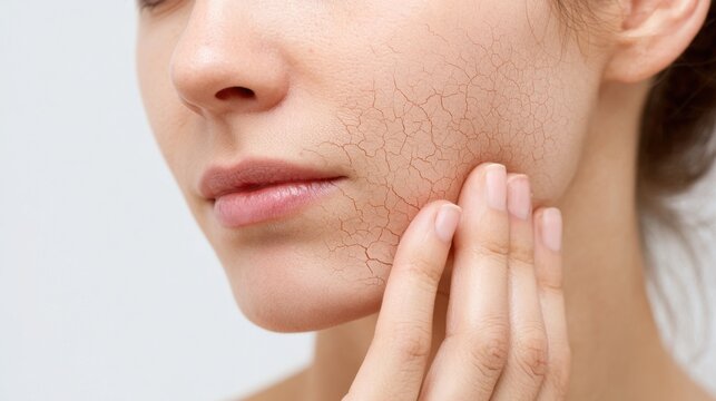 A woman with a dry, cracked face is touching her face. Concept of discomfort and vulnerability, as the woman's skin is visibly damaged