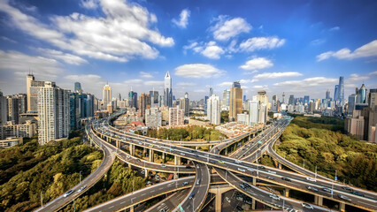 Shanghai Urban Elevated Highway Interchange with City Skyline
