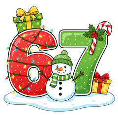 Vibrant Cartoon Illustration of the Numbers 67 Decorated with Glowing Holiday Lights, Holly, and a Candy Cane, Standing on a Snowy Base Alongside a Jolly Snowman in a Green Scarf and Beanie