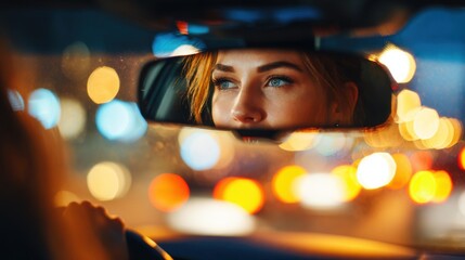 A woman is driving a car and looking at her reflection in the rearview mirror. The image has a moody and somewhat eerie feel to it, as the woman's reflection appears distorted and blurred