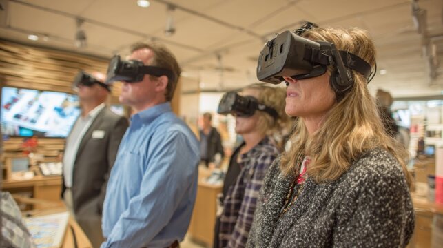A group of people wearing virtual reality goggles are looking at a display. Scene is one of excitement and anticipation as the group prepares to experience the virtual reality technology