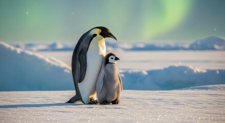 A majestic emperor penguin parent and its fluffy chick stand on the vast icy Antarctic landscape, bathed in the glow of the green aurora.