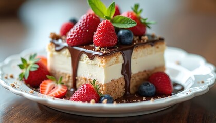 Delicious ice cream cake slice with fresh berries and chocolate sauce. Dessert served on a white plate. Gourmet food with sweet flavors and cream on table.