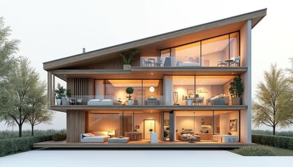 Modern passive house architectural model shows interior rooms. Multi-story eco friendly building design with large windows. Sustainable home construction with warm wood accents.