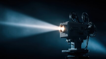 Fototapeta premium A movie projector is lit up with a bright white light. Concept of excitement and anticipation, as if the audience is about to be transported into a different world